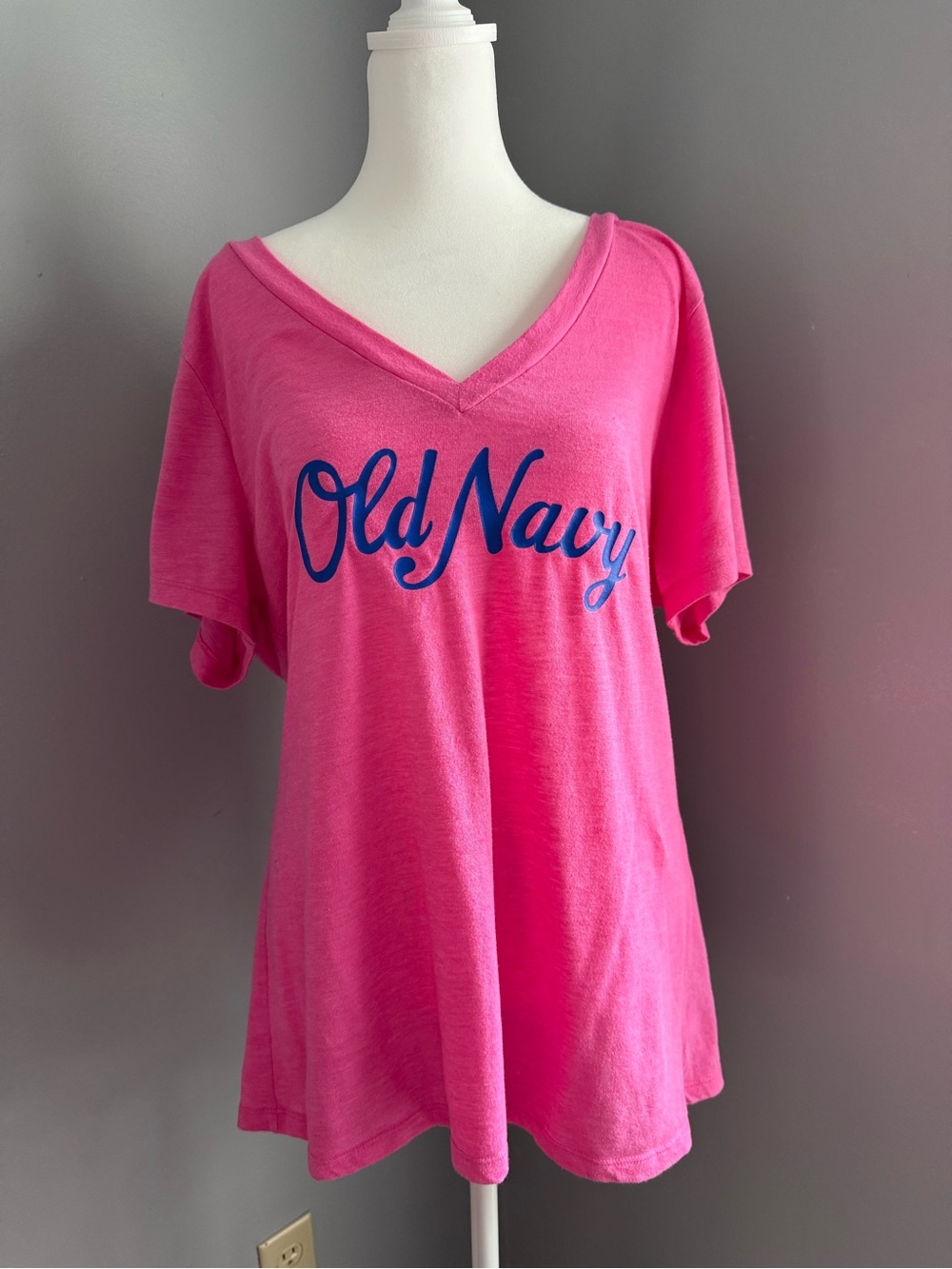 Old Navy Hot Pink V-Neck Logo Tee with Blue Script